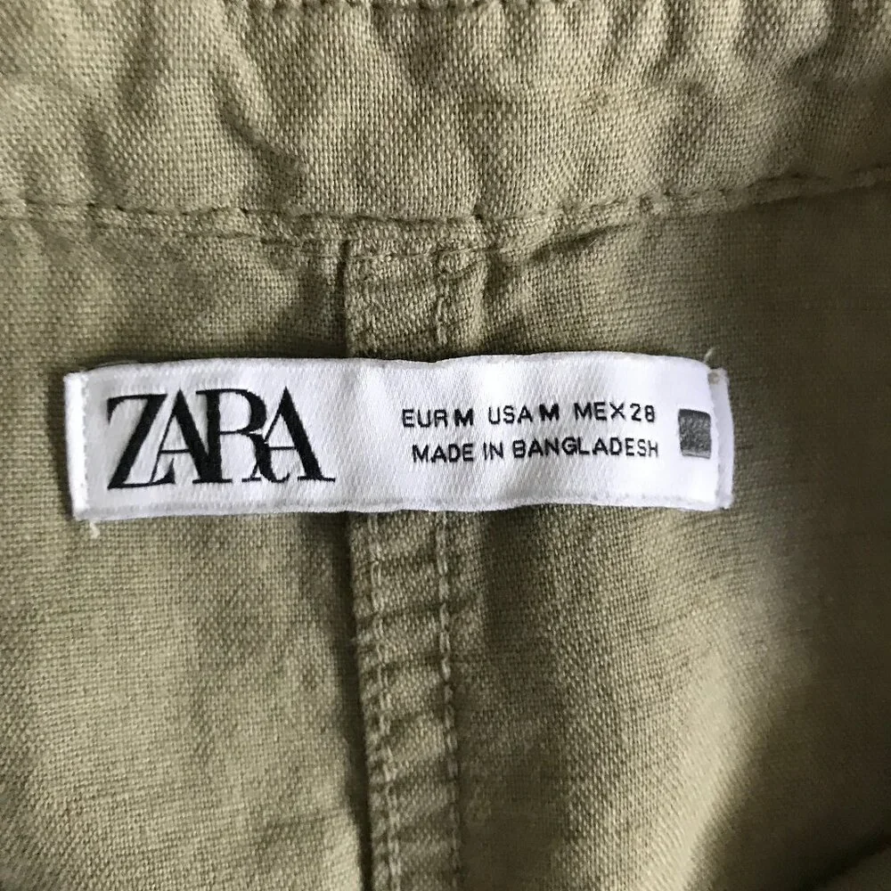ZARA WOMENS JUMPSUIT GREEN LINEN SHORT SLEEVE WIDE LEG CASUAL SMALL